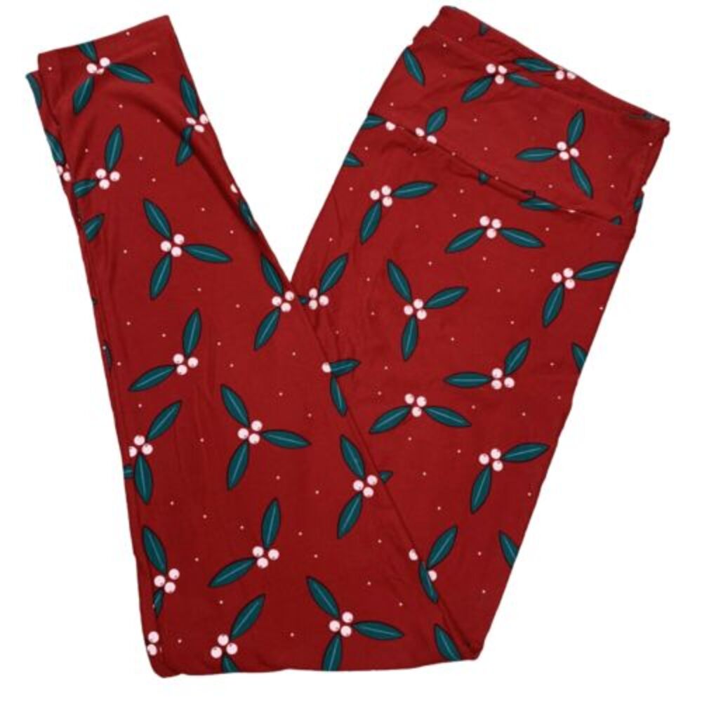 LuLaRoe Womens Leggings Size TC Dream Holiday Red Mistletoe Holly Christmas NWT